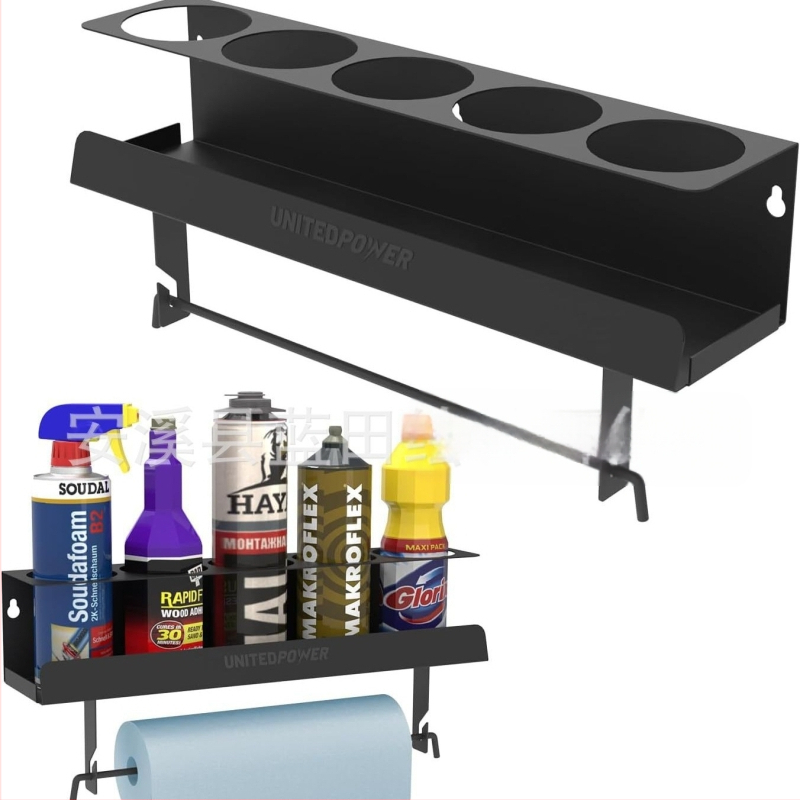 Стенно монтирана двуетажна метална етажерка за аерозолни спрейове и кърпички — модерна минималистична, с винтов монтаж, мултифункционална за гараж, работилница и дом