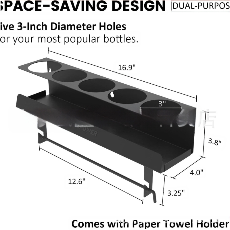 Стенно монтирана двуетажна метална етажерка за аерозолни спрейове и кърпички — модерна минималистична, с винтов монтаж, мултифункционална за гараж, работилница и дом