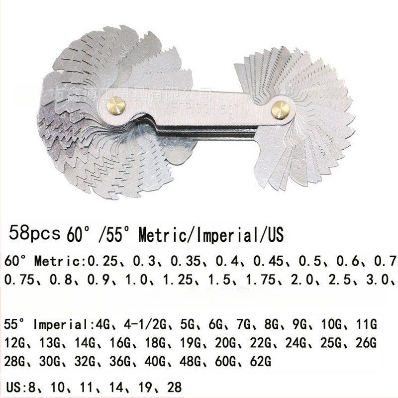 Jinggong калибър за резби, 58-елементен комплект, 60° резбов ъгъл, британски и американски стандарт, обхват 0.25–6, неръждаема стомана