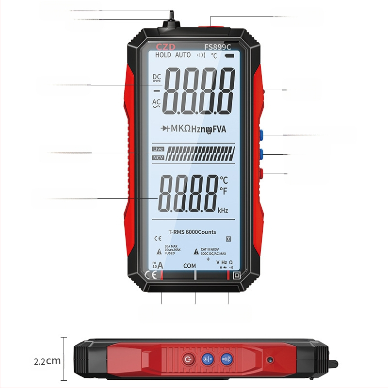 Skaitmeninis multimetras CZD-FS899C su pilnu ekranu, automatinis diapazonas, USB įkrovimas