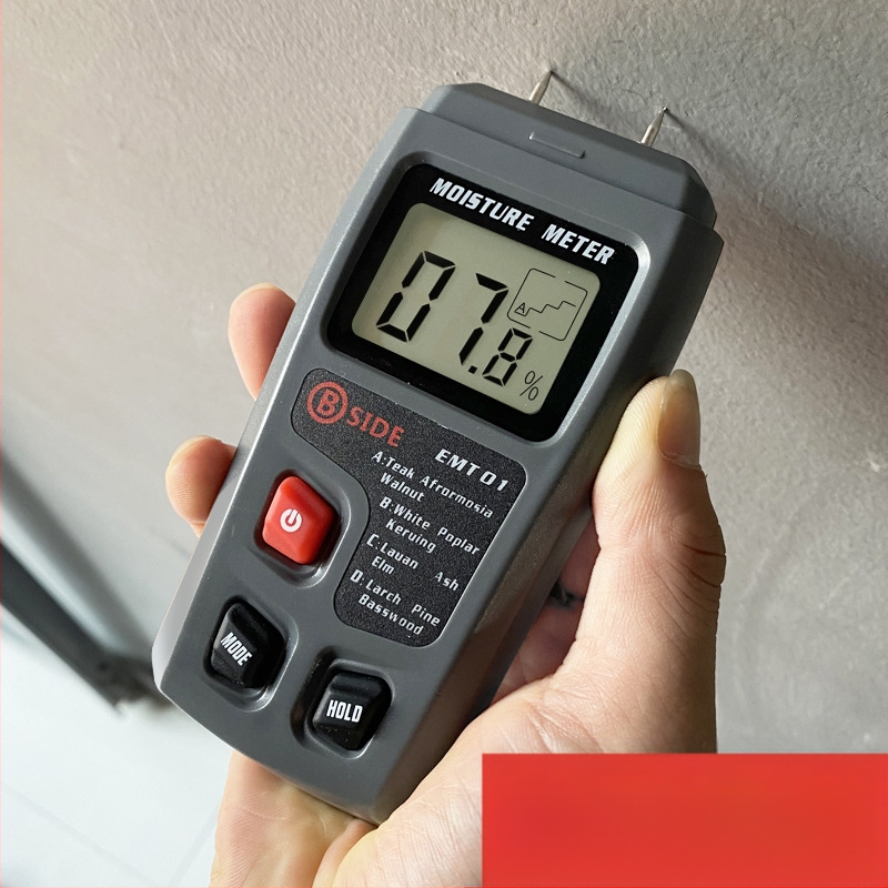 EMT01 Tűtípusú fa nedvességmérő – mérési tartomány 0–99,9%, pontosság 0,5%, tápegység 9V.