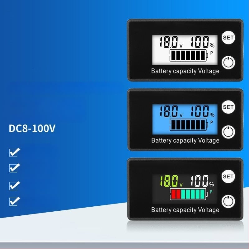 LCD voltmetras 8–100V su skaitmeniniu ekranu, įtampos ir talpos stebėjimas ličio jonų ir švino rūgšties baterijoms