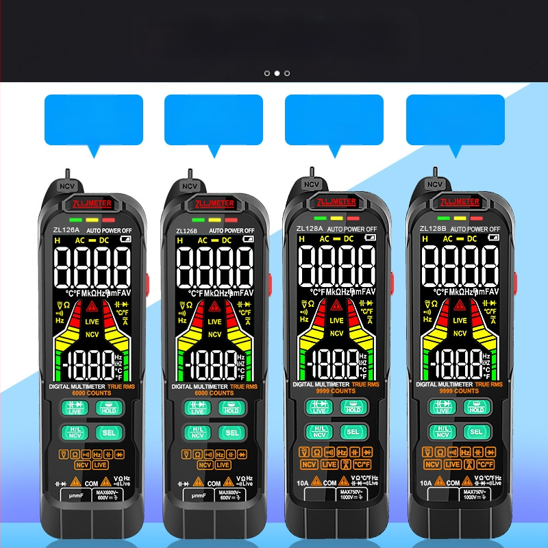 ZL126A/ZL128 Skaitmeninis multimetras su automatine skalė, CAT III 600V, DC/AC įtampos matavimas iki 1000V/750V, talpa iki 1 000 000 μF