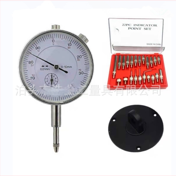 Dial indikatoria komplektas 0-10 mm diapazonui, 0.01 mm rezoliucija, 22 dalys, mechaninė komplektas su zondais