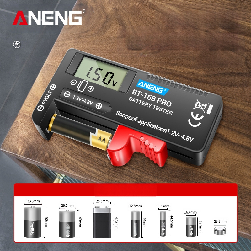ANENG BT-168 PRO skaitmeninis baterijų testeris 18650 — įtampos diapazonas 1.2–4.8 V, vidinė varža 10, temperatūra 40