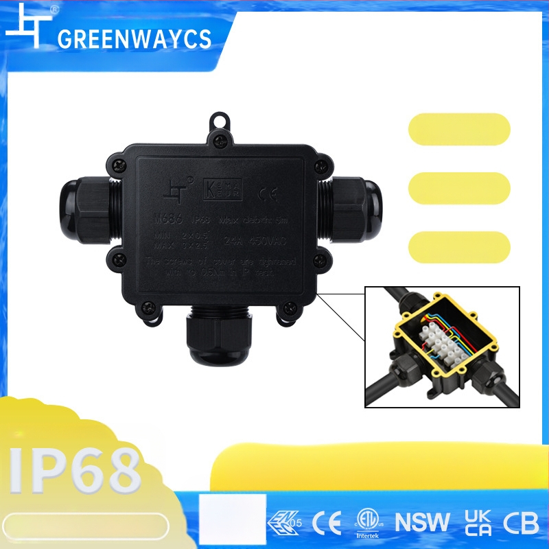 Triju vadības ūdensnecaurlaidīga savienojumu kastīte ārējai apgaismošanai – liesmu izturīga, plastmasas T formas kabelu kaste, 0,5–4,0 mm²