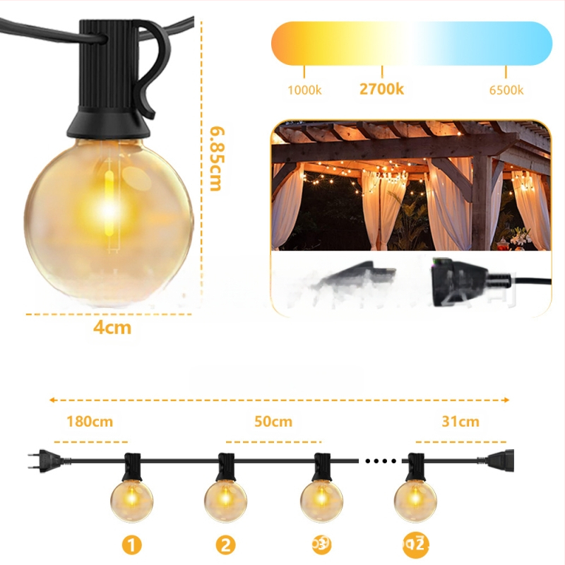 G40 Gaismas virkne – Āra izmantošanai (1W, 220V, IP65, pogu/attālināta vadība)