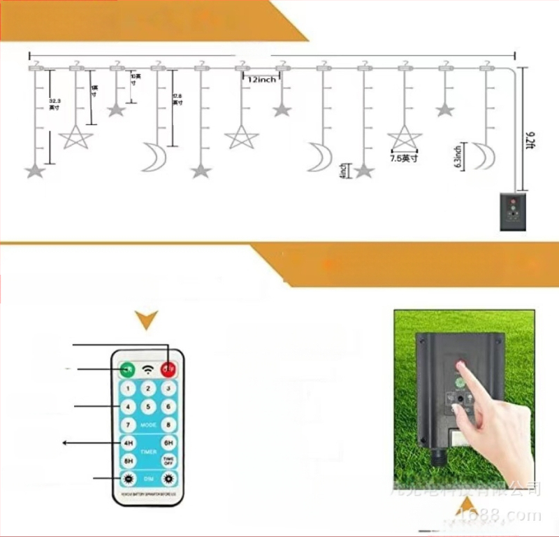 Saules LED zvaigžņu aizkara gaismas ar tālvadību – Modelis YF-008, 0.06W, piemērots dārzam, pagalmam, balkonom