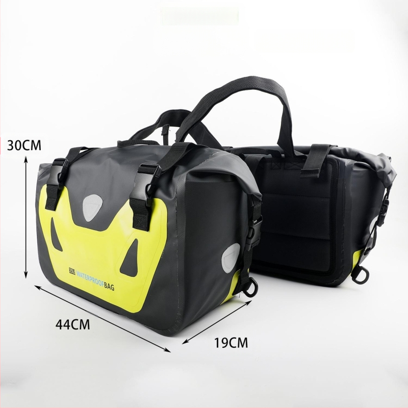 Motociklo galinė krepšė, vandeniui atspari PVC 50L, du 25L skyriai, su lietaus apsauga