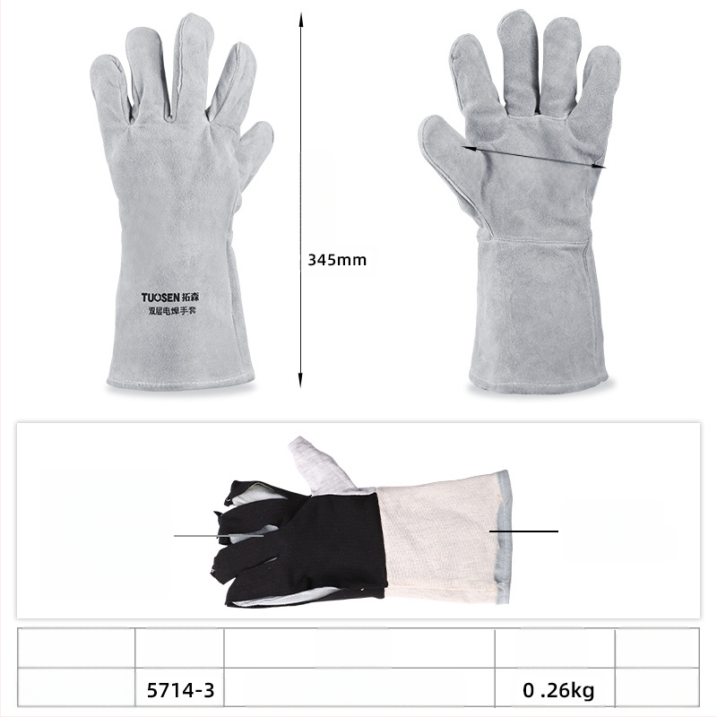 Suvirinimo pirštinės iš karvių odos, dviejų sluoksnių, pilnos odos, skirtos pjovimui ir suvirinimui, svoris 160–260 g, kilmė Linyi