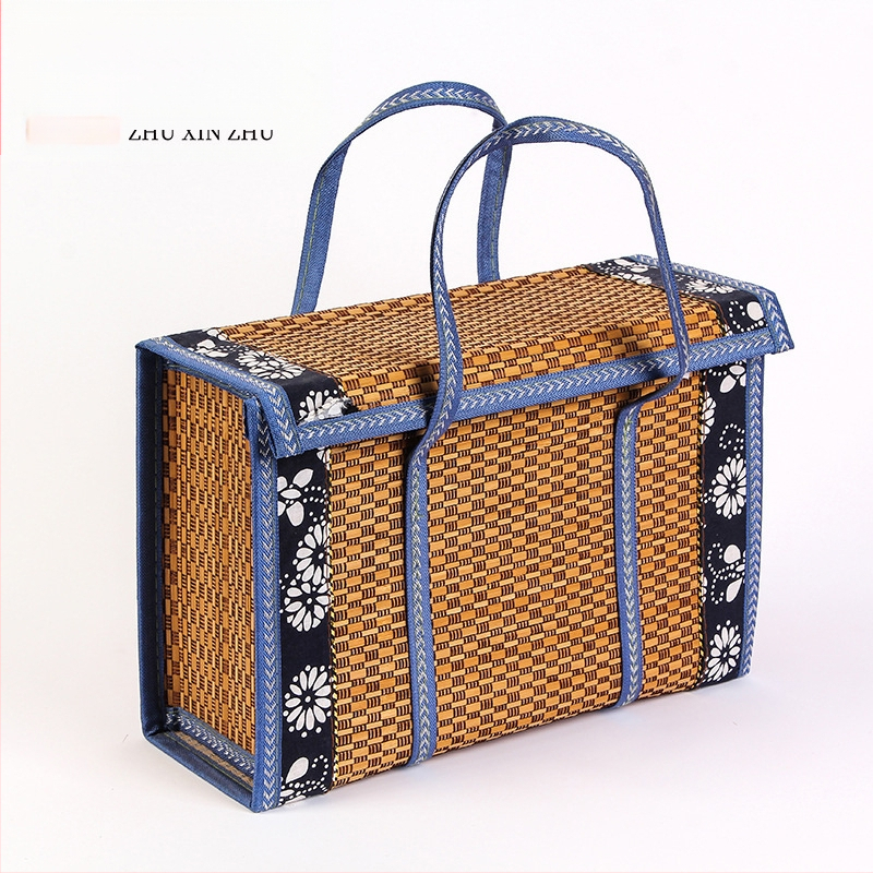 Сгъваема квадратна кошница от бамбук с дантелено кантче за закуски, пазаруване и плодове; персонализирано подаръчно опаковане
