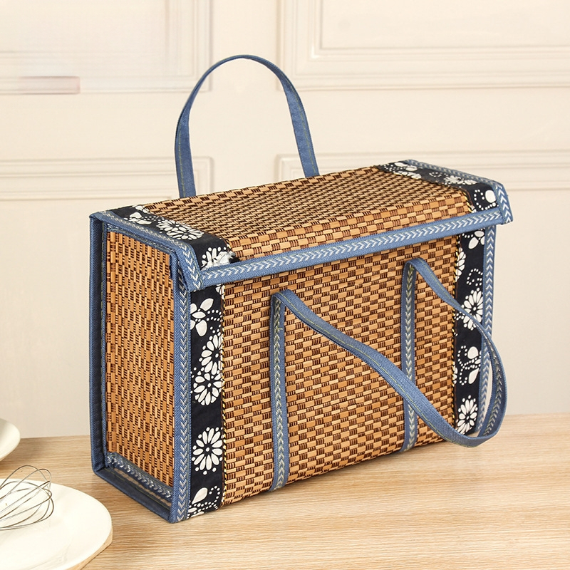 Сгъваема квадратна кошница от бамбук с дантелено кантче за закуски, пазаруване и плодове; персонализирано подаръчно опаковане