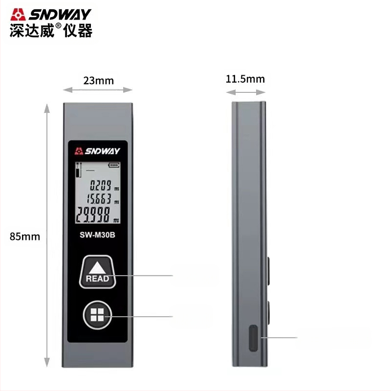 Лазерен измервател на разстояние SW-M30A от SNDWAY/Deep Dawei, инфрачервен лазерен измервател, обхват 30 м, точност ±5 мм + разстояние/10 000