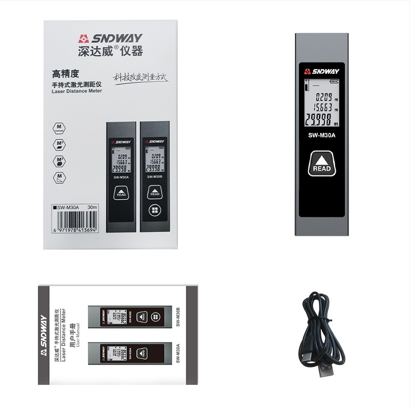 Лазерен измервател на разстояние SW-M30A от SNDWAY/Deep Dawei, инфрачервен лазерен измервател, обхват 30 м, точност ±5 мм + разстояние/10 000