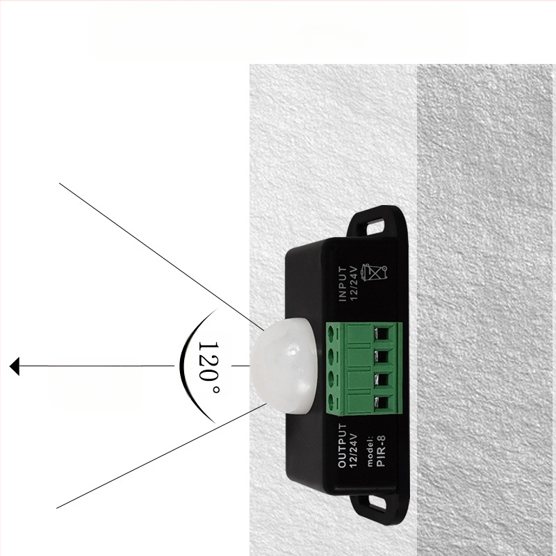 Vidaus PIR kūno jutiklis, 12–24 V DC, 30 s delsos laikas, dienos šviesos jutiklis, lubų/ sienos montavimas, skirtas koridoriams