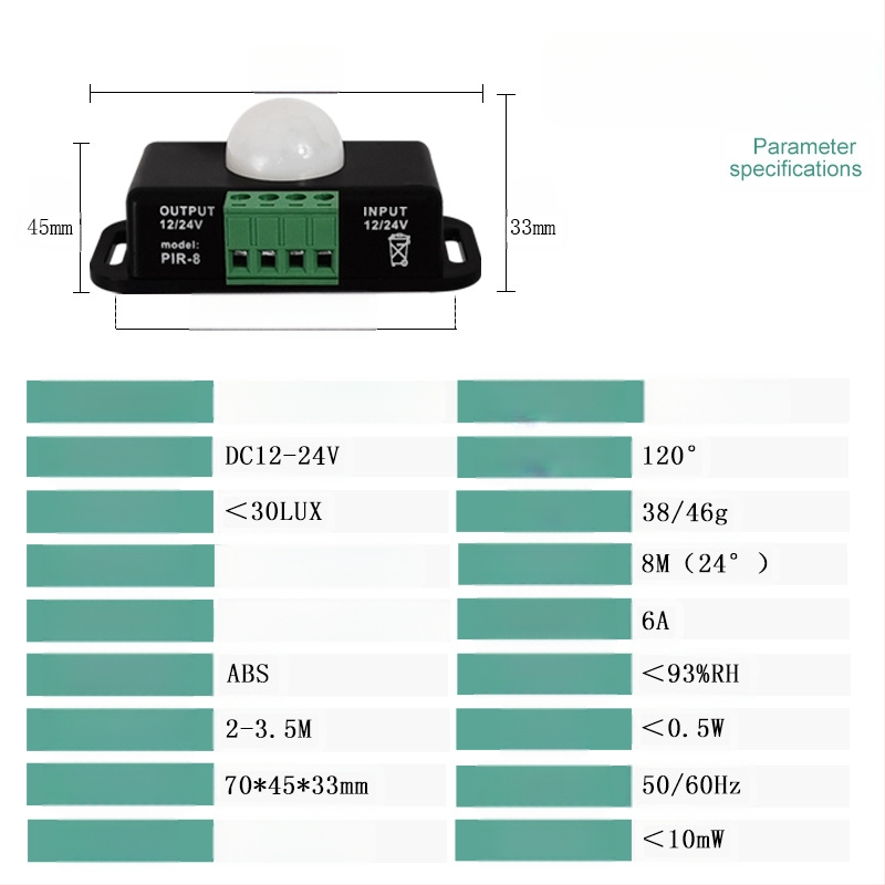 Vidaus PIR kūno jutiklis, 12–24 V DC, 30 s delsos laikas, dienos šviesos jutiklis, lubų/ sienos montavimas, skirtas koridoriams