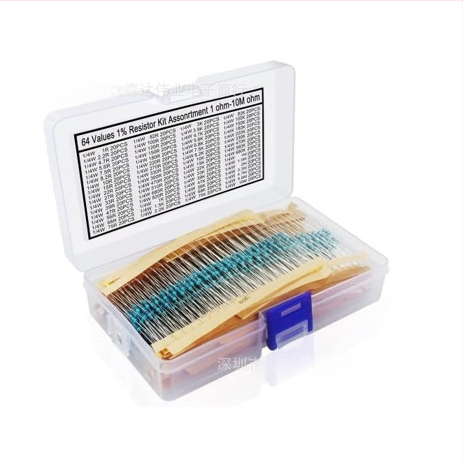 Комплект метални филмови резистори 1/4W, точност ±1%, 1280 броя, 64 стандартни стойности по 20 броя всяка