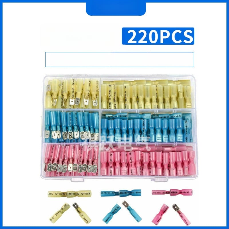 Qiyue Electric 220 bucăți conectori crimp complet izolați, cu conectori masculi și feminini, impermeabili, kit în cutie cu țevi termoizolante