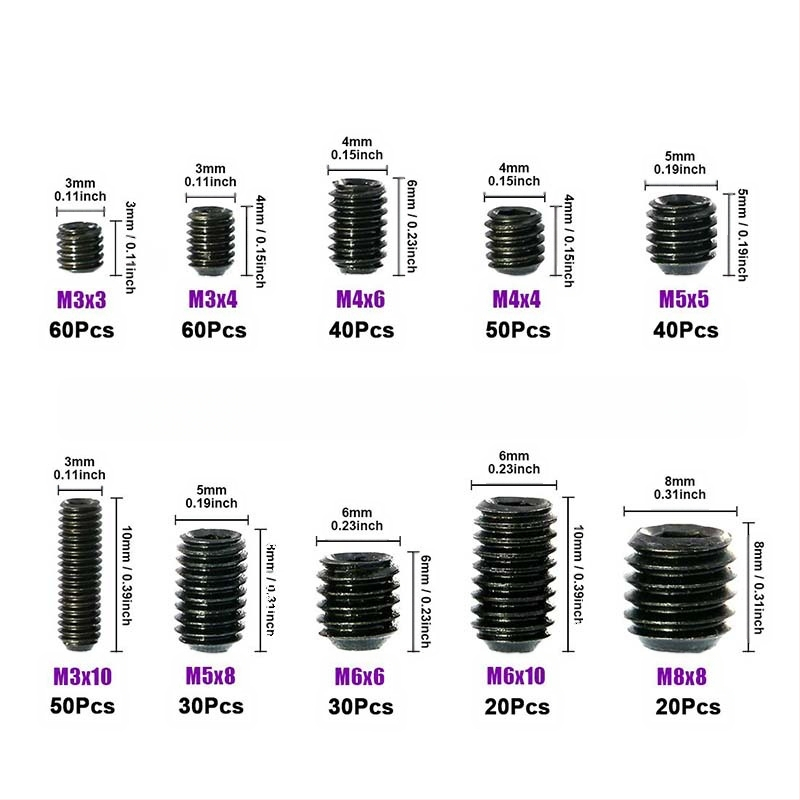 Комплект безглавни винтове в кутия, 400 бр., въглеродна стомана, клас A, MS 16207C-1991, ниво на изпълнение 3,6