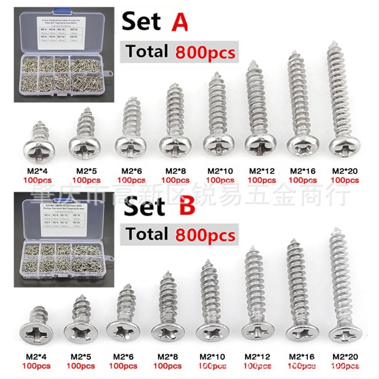 800 броя в кутия: Самонарезни винтове с пан глава, 304 неръждаема стомана, никелирана повърхност, клас 4.8
