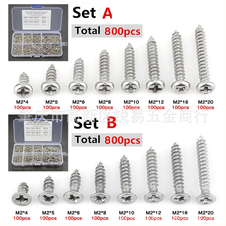 800 броя в кутия: Самонарезни винтове с пан глава, 304 неръждаема стомана, никелирана повърхност, клас 4.8