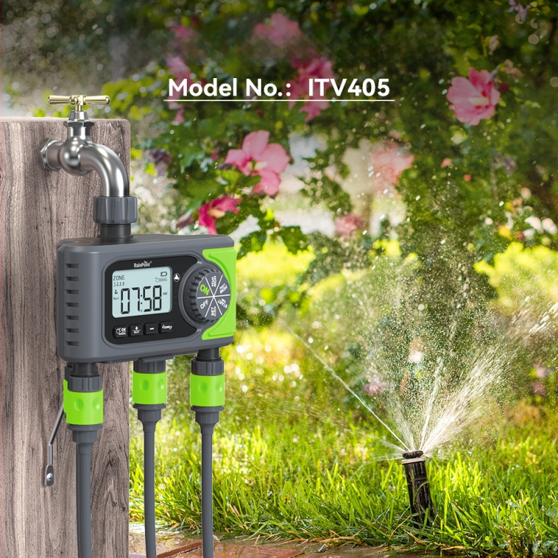 Controler extern pentru irigare automată cu 4 canale, irigare programată, întârziere la ploaie și alertă pentru energie scăzută; carcasă ABS; durată irigare 1 min - 3 h 59 min; frecvență irigare de la zilnic până la o dată la 7 zile.