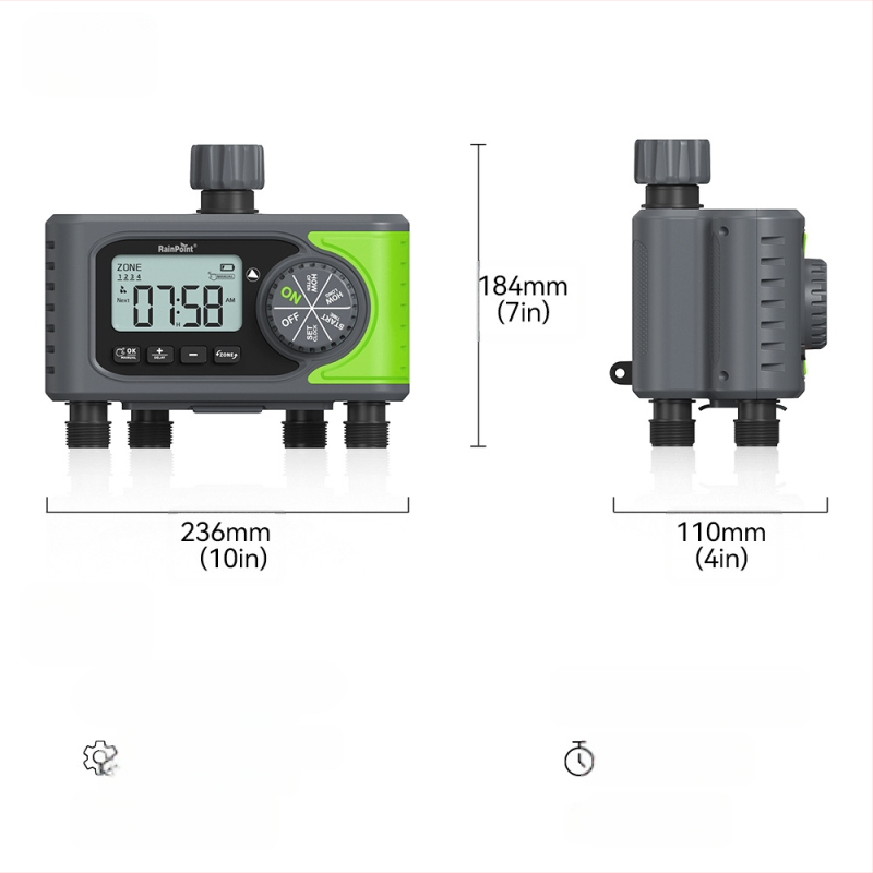 Controler extern pentru irigare automată cu 4 canale, irigare programată, întârziere la ploaie și alertă pentru energie scăzută; carcasă ABS; durată irigare 1 min - 3 h 59 min; frecvență irigare de la zilnic până la o dată la 7 zile.