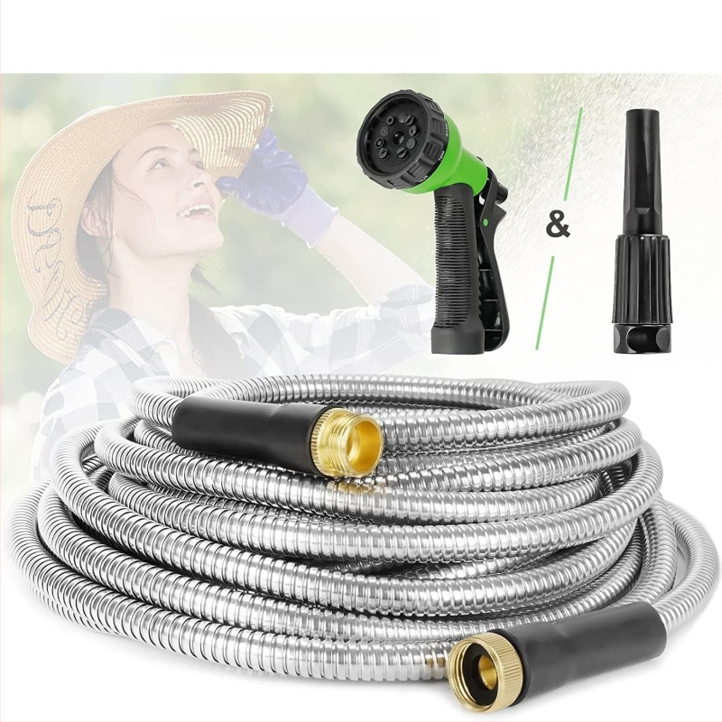 Nerūsējošā tērauda dārza šļūtene laistīšanai un automašīnu mazgāšanai, bez saraušanas; pistoles galva no cinka sakausējuma; rokturis no cinka sakausējuma; izsmidzināšanas attālums 10 m; ūdens spiediens 3–8 kg; sienas biezums 2