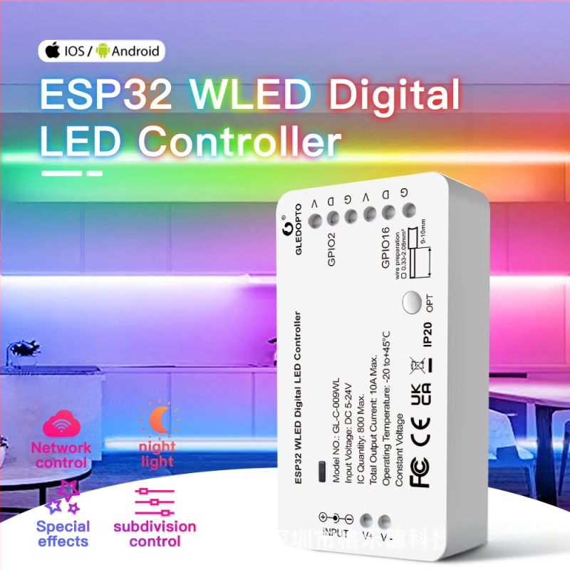 ESP32WLED színváltó LED-szalag vezérlő GL-C-009WL, WiFi és alkalmazásos vezérlés, kompatibil WS2811 SK6812 SM16703 PWS2812B, DC5-24V