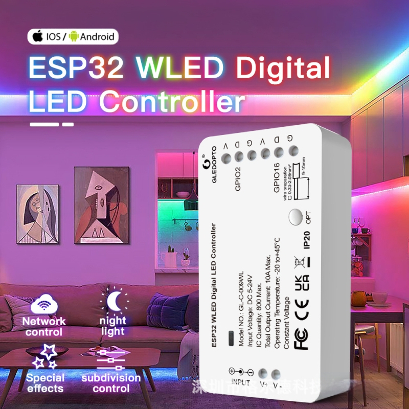 ESP32WLED színváltó LED-szalag vezérlő GL-C-009WL, WiFi és alkalmazásos vezérlés, kompatibil WS2811 SK6812 SM16703 PWS2812B, DC5-24V