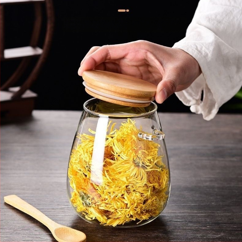 Stiklinis hermetiškas indas su bambukiniu dangteliu ir medine šaukšteliu, skaidrus laikymo indas arbatai, užkandžiams ir kietiems prieskonims