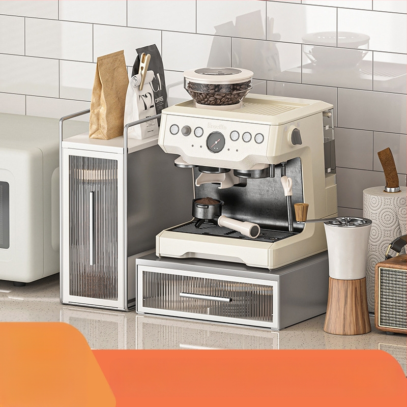 Raft de expunere pentru capsule de cafea, cu spațiu de depozitare pentru plicuri de ceai pe blat și bază pentru aparat de cafea cu sertar, stil modern minimalist