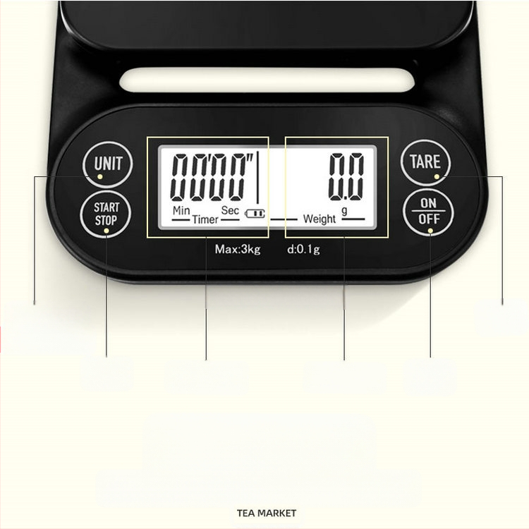 Virtuvės elektroninės kavos svarstyklės su laikmačiu, tikslumas 0,1 g, talpa 0,1–3000 g, nešiojamas ir atsparus vandeniui, modelis SH-268.