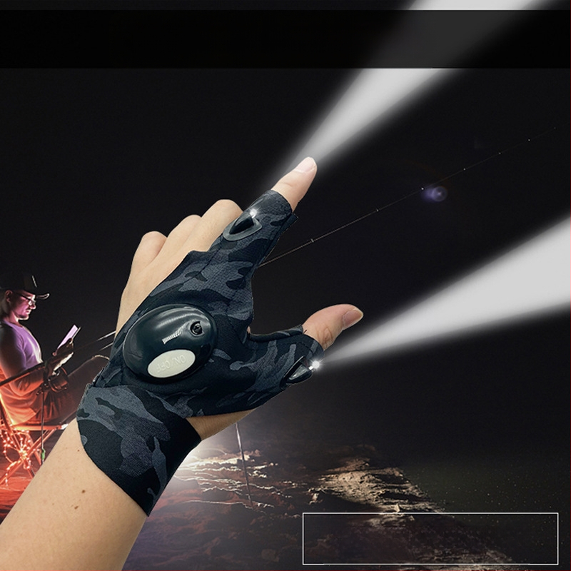LED žvejybos pirštinės su piršto apšvietimu, pusės piršto dizainas, elastomerinis audinys, išorinis įkrovimas naktiniam žvejybai