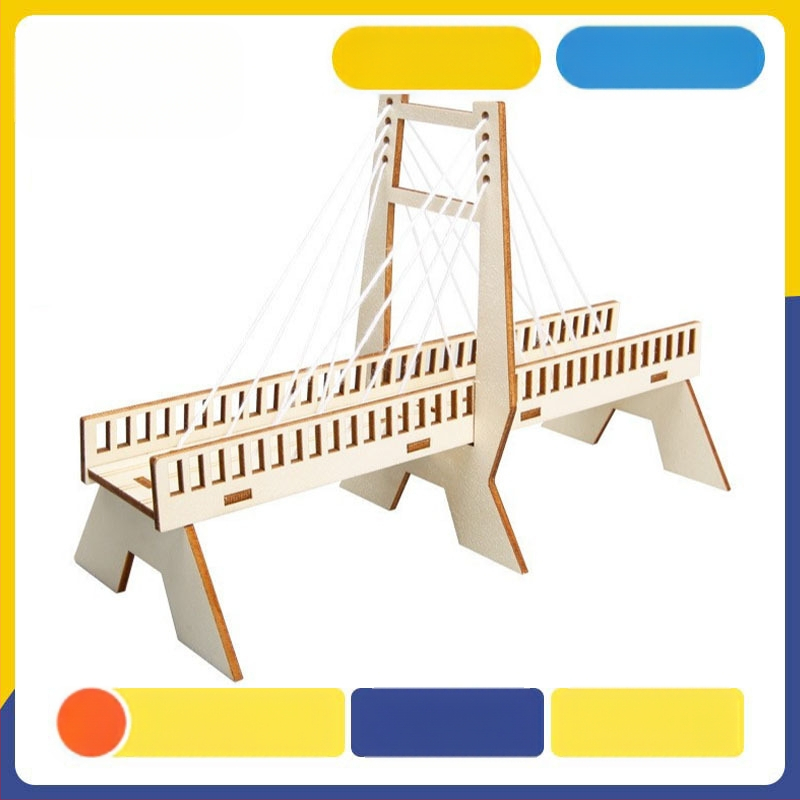 STEM tilta konstrukcijas komplekts — koks, tilts ar kabelu balstiem, mehānika un fizikas eksperimentiem 7–14 gadiem