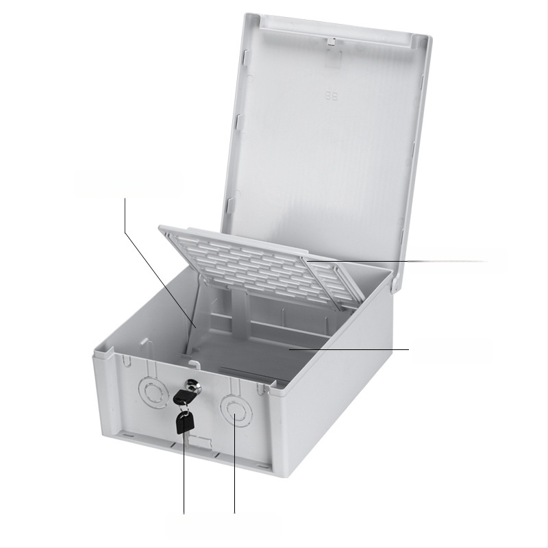 Išorinė užrakinama vandeniui atspari dėžė stebėjimui, su plastiniu gaubteliu žemų įtampų kabeliams