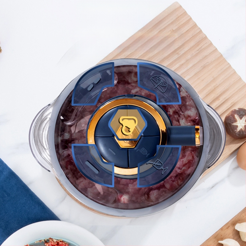 Namų naudai skirtas mėsos malūnas, talpa 5–10 L, įtampa 111–240 V, variklio greitis 10 000–19 999 aps./min, 4 peiliukai su dvigubu maišymu, nerūdijančio plieno korpusas ir indas