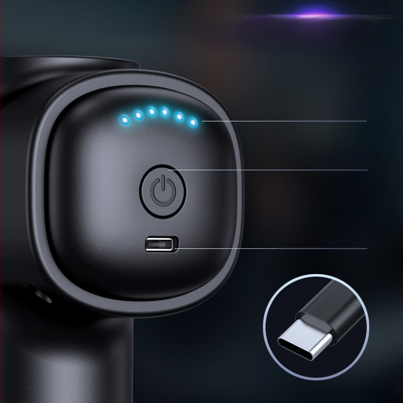 Masajer Fascia Gun, motor cu perii, portabil, 4 capete de masaj, baterie încorporată 800–1000 mAh, autonomie 3–6 h, zgomot 36–45 dB