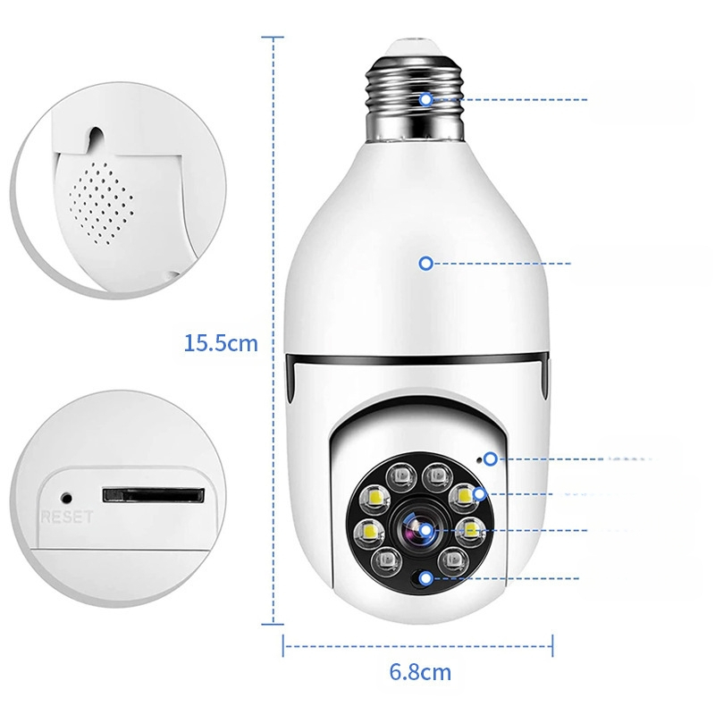 Bezvadu lampas tipa uzraudzības kamera, iekšējai lietošanai, 360° griešana, 720p HD, E27 lampas turētājs, nakts redze, lietotnes atbalsts