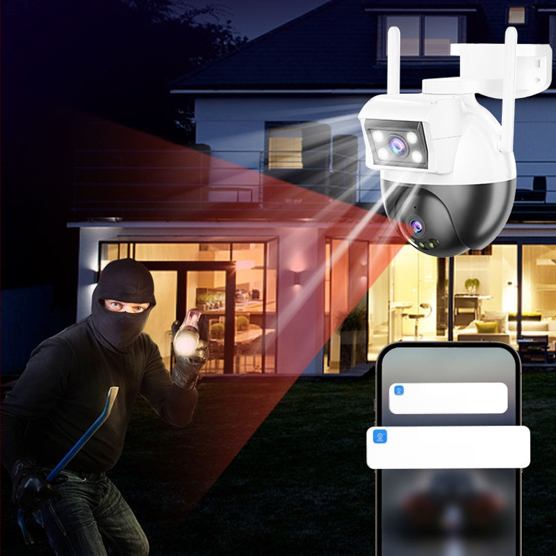 Cameră de supraveghere externă WiFi – stil ball și bullet, iluminare minimă 1 lux, SNR > 48 dB, funcționare 20–50°C, alimentare 12V 2A, pentru interior și exterior.