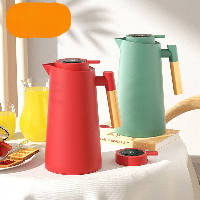 Vakuuminis kavos termosas su tvirta medine rankena, Europos stilius, stiklintė vidinė dalis, temperatūros rodiklis, logotipo spauda