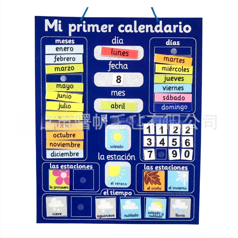 Filca kalendāra mācību plāksne – divvalodīga spāņu–angļu, gada–mēneša–dienas kalendārs, gadalaiki un laikapstākļi, izglītojoša interaktīva rotaļlieta bērniem 3–6 gadiem