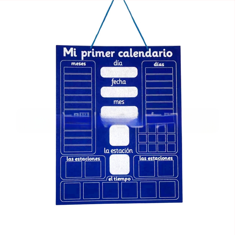 Filca kalendāra mācību plāksne – divvalodīga spāņu–angļu, gada–mēneša–dienas kalendārs, gadalaiki un laikapstākļi, izglītojoša interaktīva rotaļlieta bērniem 3–6 gadiem