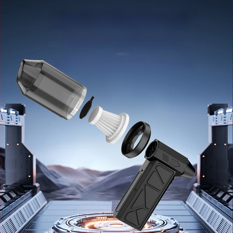 Portatīvs turboventilators ar ārkārtīgi augstu pūšanas ātrumu un integrētu sūkšanu automašīnas putekļu tīrīšanai; uzlādējams, 7.4V, 150W, vakuums 16000Pa, kabelis 60 cm