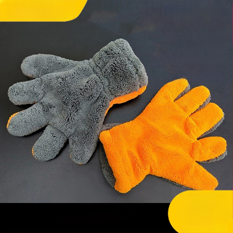 Koralinio veliūro automobilių plovimo pirštinė, penki pirštai, storesnė, dvipusė, 500 g, su logotipu