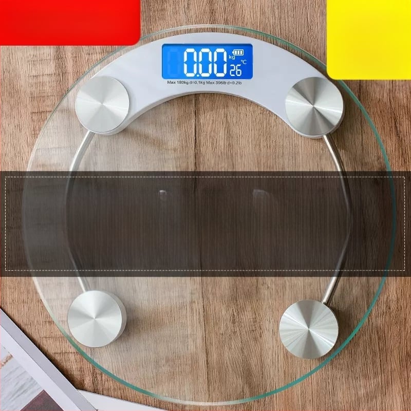 Svorio matuoklis su grūdintu stiklu, apvalus skaidrus dizainas, maksimali apkrova 180 kg, veikia su baterijomis, skirtas namų naudojimui