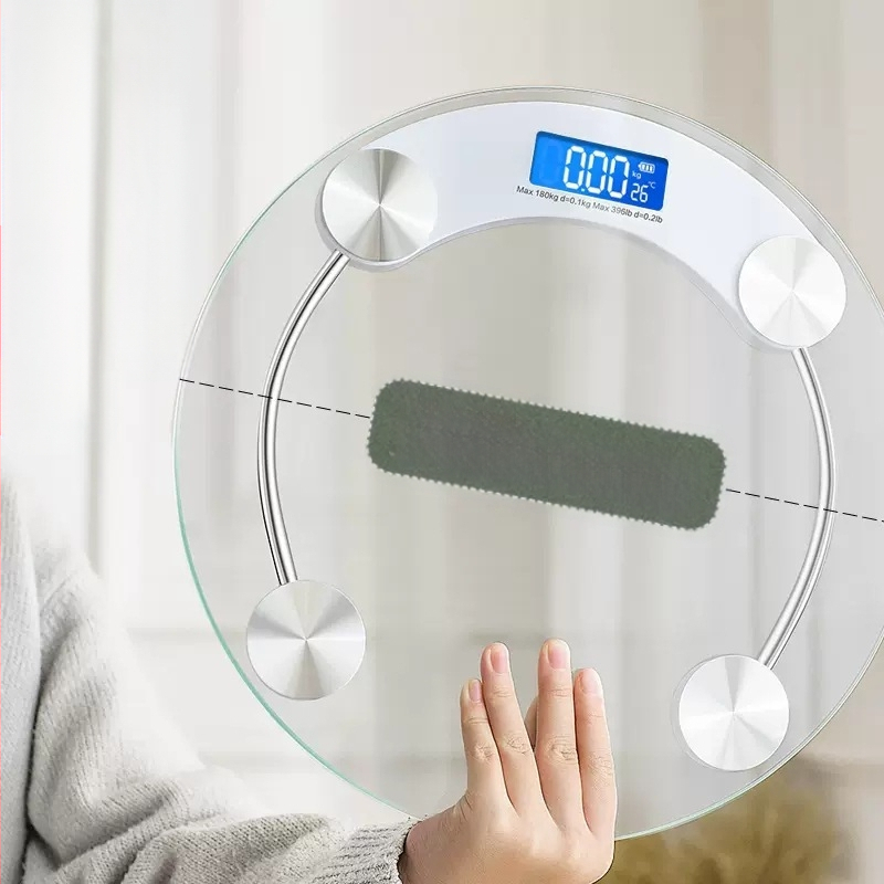 Svorio matuoklis su grūdintu stiklu, apvalus skaidrus dizainas, maksimali apkrova 180 kg, veikia su baterijomis, skirtas namų naudojimui
