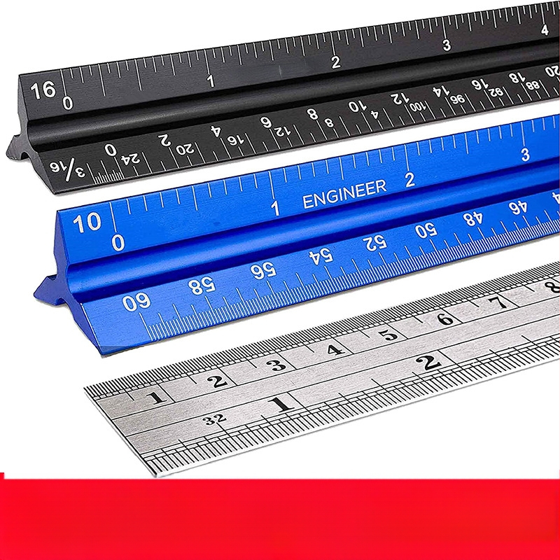 Комплект от три линейки с триъгълен чертожен линеал, алуминиева сплав, лазерно гравиран, за ученици от начален клас