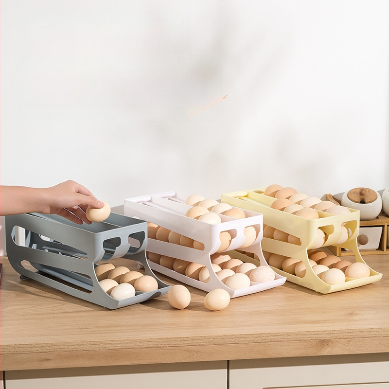 Slenkstinė kiaušinių laikymo dėžutė su trim sluoksniais, dviguba eilė, plastikas, skirtas virtuvės stalviršio naudojimui