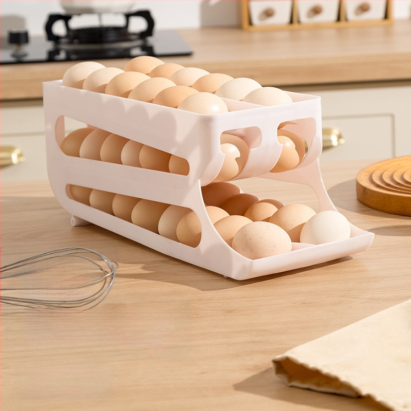 Slenkstinė kiaušinių laikymo dėžutė su trim sluoksniais, dviguba eilė, plastikas, skirtas virtuvės stalviršio naudojimui